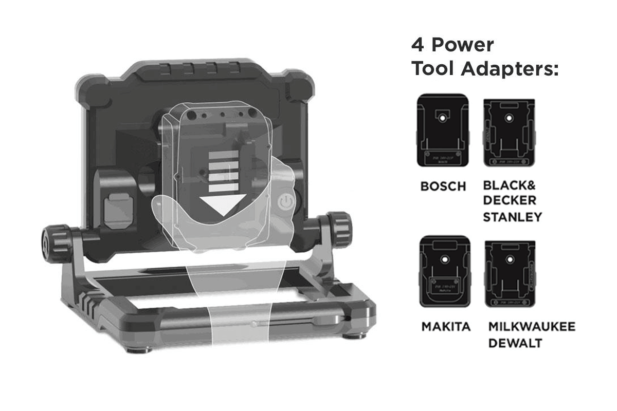 Worklight with 4 adaptors compatible Power Tool batteries 2 workstar connect designed to operate from power tool batteries