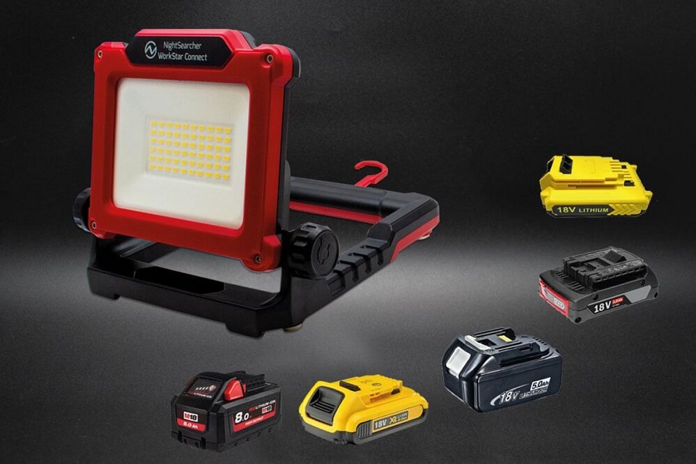 Worklight with 4 adaptors compatible Power Tool batteries 3 workstar connect designed to operate from power tool batteries